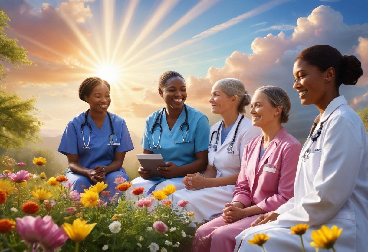 A serene landscape depicting a diverse group of healthcare professionals and patients discussing treatment options in a supportive environment. Include symbols of hope, such as sunlight breaking through clouds, a ribbon for cancer awareness, and blooming flowers representing life and resilience. Emphasize warmth and community connection through smiling faces and engaged interactions. super-realistic. vibrant colors. natural setting.
