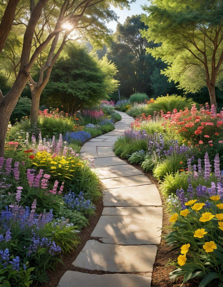 A serene landscape depicting a winding path through a lush, vibrant garden representing the journey of cancer care. Include supportive figures, like caregivers and survivors, sharing moments of strength and hope. Soft sunlight filtering through trees symbolizes healing, while colorful wildflowers bloom along the way. The atmosphere conveys tranquility and resilience. super-realistic. vibrant colors. peaceful ambiance.